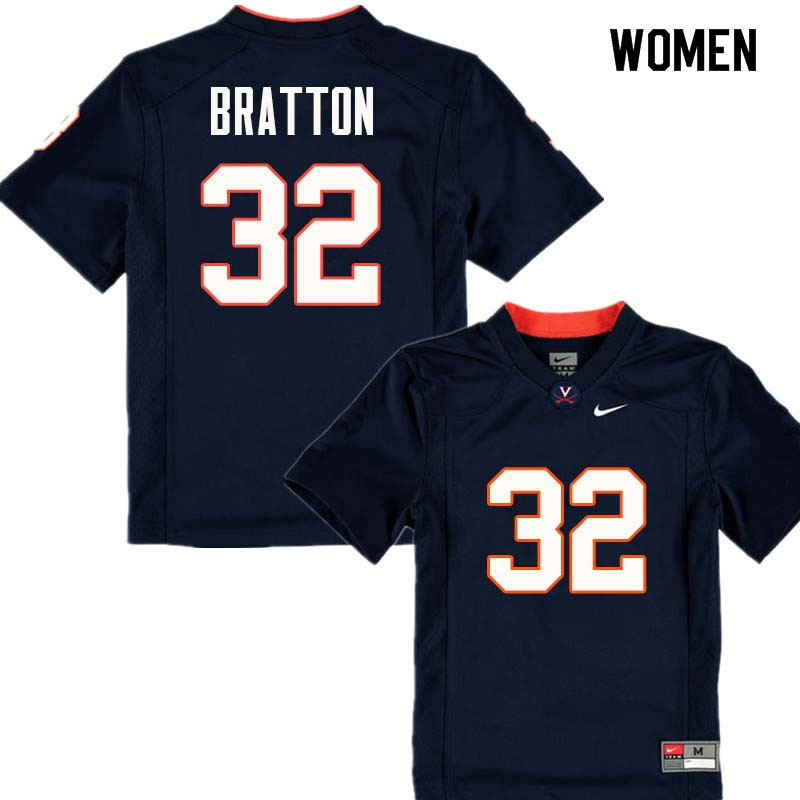 Women #32 Darrius Bratton Virginia Cavaliers College Football Jerseys Sale-Navy
